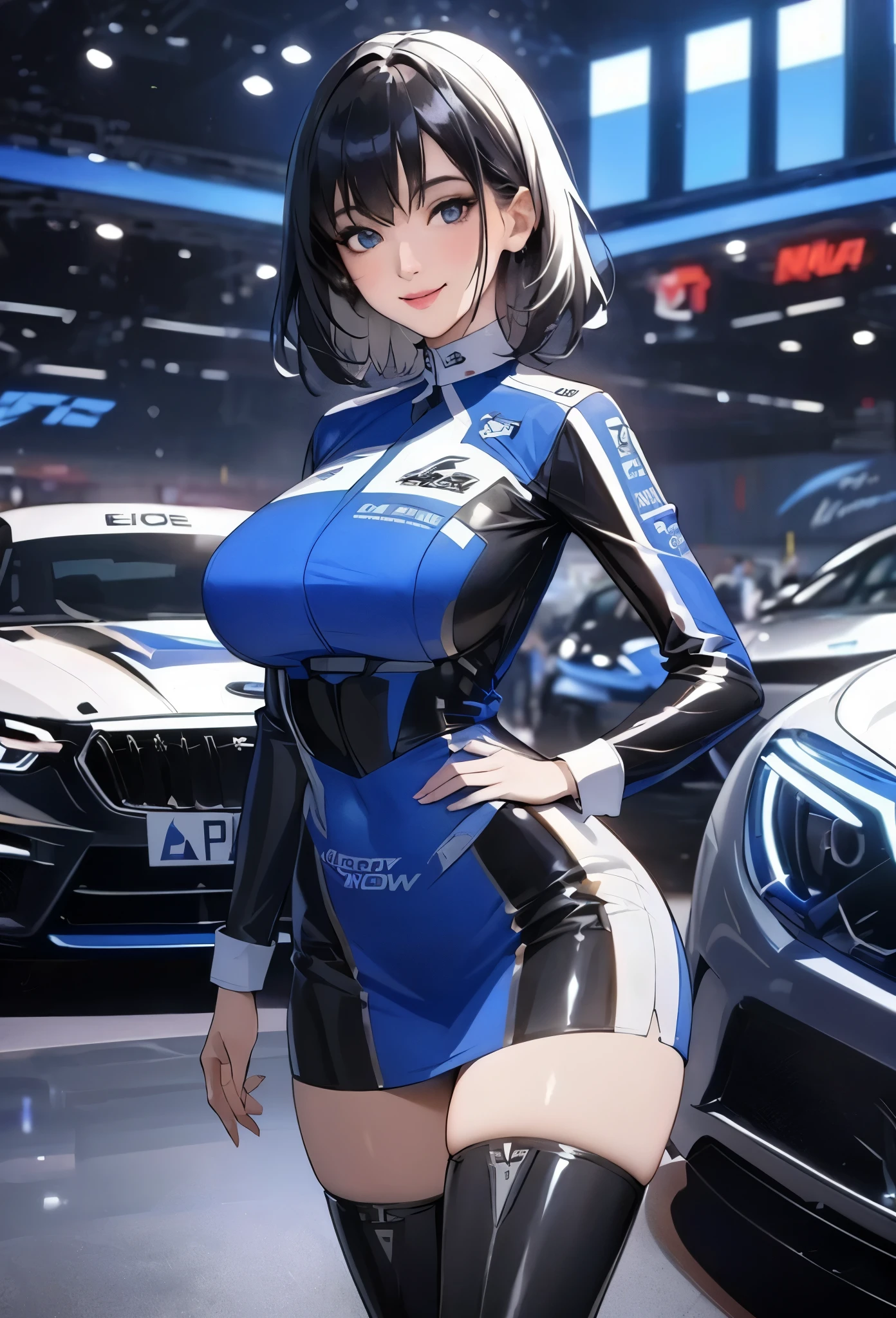 1lady solo, (standing next to the latest model car), (leaning against car), /(grid girl/) /(blue costume with logo/), tight skirt, mature female, /(black hair/) bangs, kind smile, (masterpiece best quality high resolution 8k), delicate illustration, edge color lighting, pretty face, thigh boots BREAK (motor show indoors), audience, detailed background