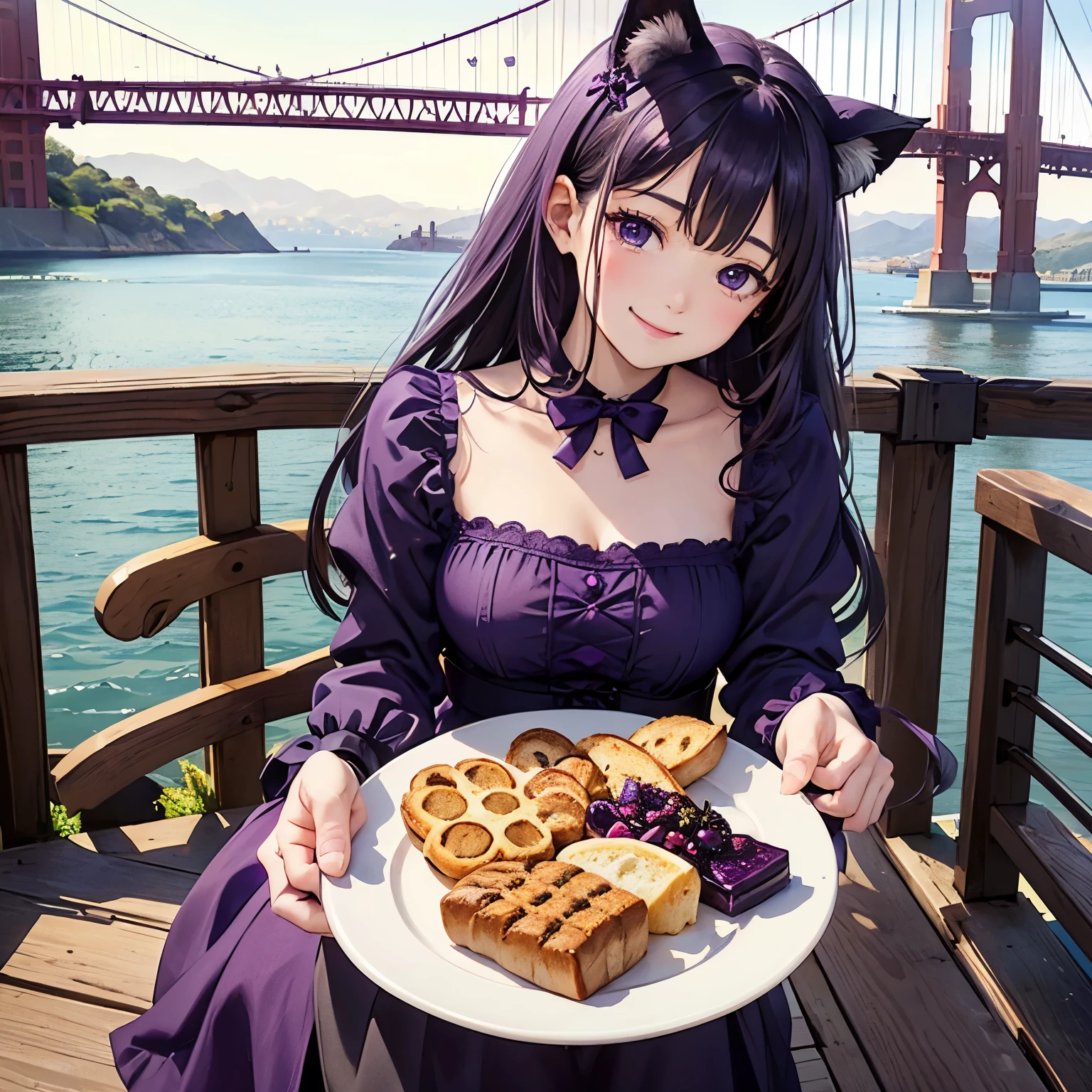 Cat with a deep purple ribbon、Dark purple hair、Deep purple eyes、Dark purple clothes、smile、Eat raisin bread、Grape、Cafe、Background Golden Gate Bridge、leaf、California