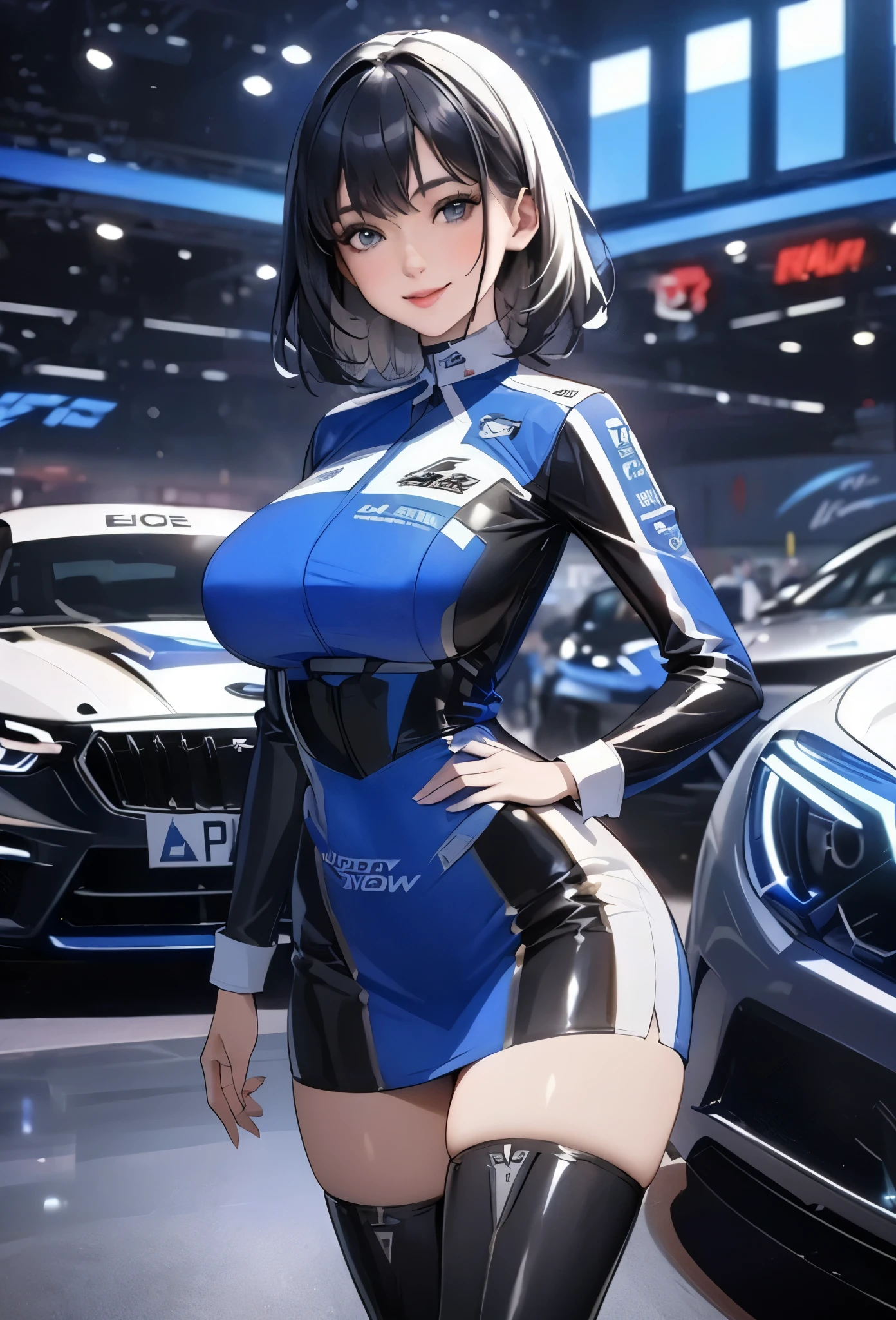 1lady solo, (standing next to the latest model car), (leaning against car), /(grid girl/) /(blue costume with logo/), tight skirt, mature female, /(black hair/) bangs, kind smile, (masterpiece best quality high resolution 8k), delicate illustration, edge color lighting, pretty face, thigh boots BREAK (motor show indoors), audience, detailed background