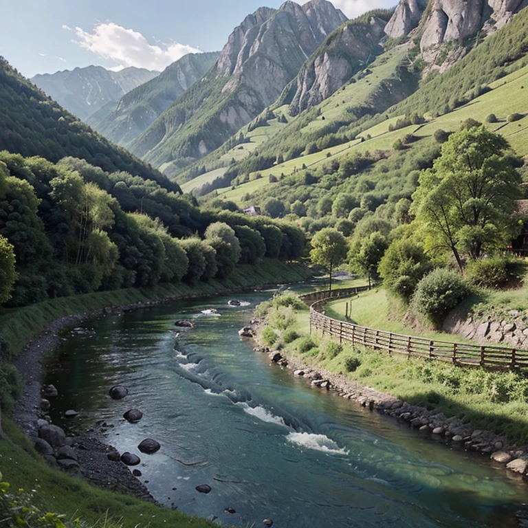 Draw green scenery with village, mountains and river 