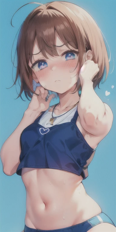 1 girl,heart-shaped pupils, put your hand on your face, (brown hair), (blue eyes), (short hair), ((hime hair)) (blush:1.1), necklace, Upper body, trembling, Sweat, Sweatdrop, heart, (speed line:1.1), ((Flat milk)), ((heavy breathing:1.3)), like, heart, blue croptop, embarrassed, ((embarrased expression)), shy, Yandere, (()), blue string bikini bottoms, (YOUNG), simple blue background, (small breast), cowboy shot