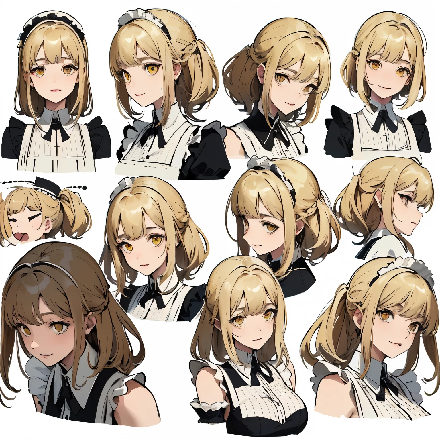 (masterpiece, 8K, highest quality, Very detailed, 1 mature woman), (Consistent personality, Same character), (Blonde Hair, Yellow Eyes), (Very detailed顔と肌の質感, Fine grain), Wicked Smile, Large Breasts, alone, (Maid), White Background, Bare shoulders, Captivating smile, (Multiple Views, multiple angles), Side view, Front view, look up, Looking down, 20-degree head view