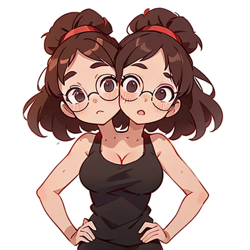 A photo of a two headed 110 pound girl with dark brown hair with a bright red streak on both heads. She is Italian with a large nose. Both of her two heads wear glasses. She is wearing black sweatpants and a black tank top.