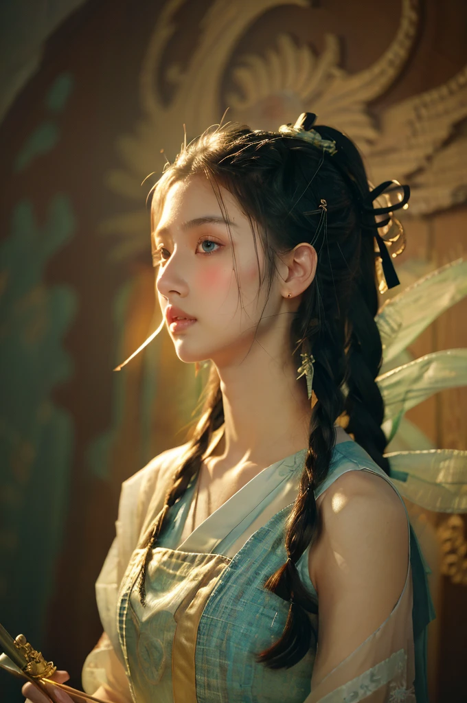 ( masterpiece, top quality, best quality,8k,17 years old girl,ultra detailed,raw photo:1.5),(photorealistic:1.4),(cinematic lighting), PerfectNwsjMajic, , Surrealism, UHD, ccurate, Super detail, textured skin, High detail, Best quality, dynamic angle, (high nose,White skin),[Beautiful blue eyes],(1girl),(good anatomy:0.5)), dunhuang_style, Dreamy atmosphere,expressive brush strokes, mystical ambiance, Artistic interpretation, a whimsical illustration, Subtle colors and tones, straight face, cornrow