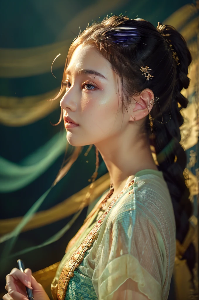 ( masterpiece, top quality, best quality,8k,17 years old girl,ultra detailed,raw photo:1.5),(photorealistic:1.4),(cinematic lighting), PerfectNwsjMajic, , Surrealism, UHD, ccurate, Super detail, textured skin, High detail, Best quality, dynamic angle, (high nose,White skin),[Beautiful blue eyes],(1girl),(good anatomy:0.5)), dunhuang_style, Dreamy atmosphere,expressive brush strokes, mystical ambiance, Artistic interpretation, a whimsical illustration, Subtle colors and tones, straight face, cornrow