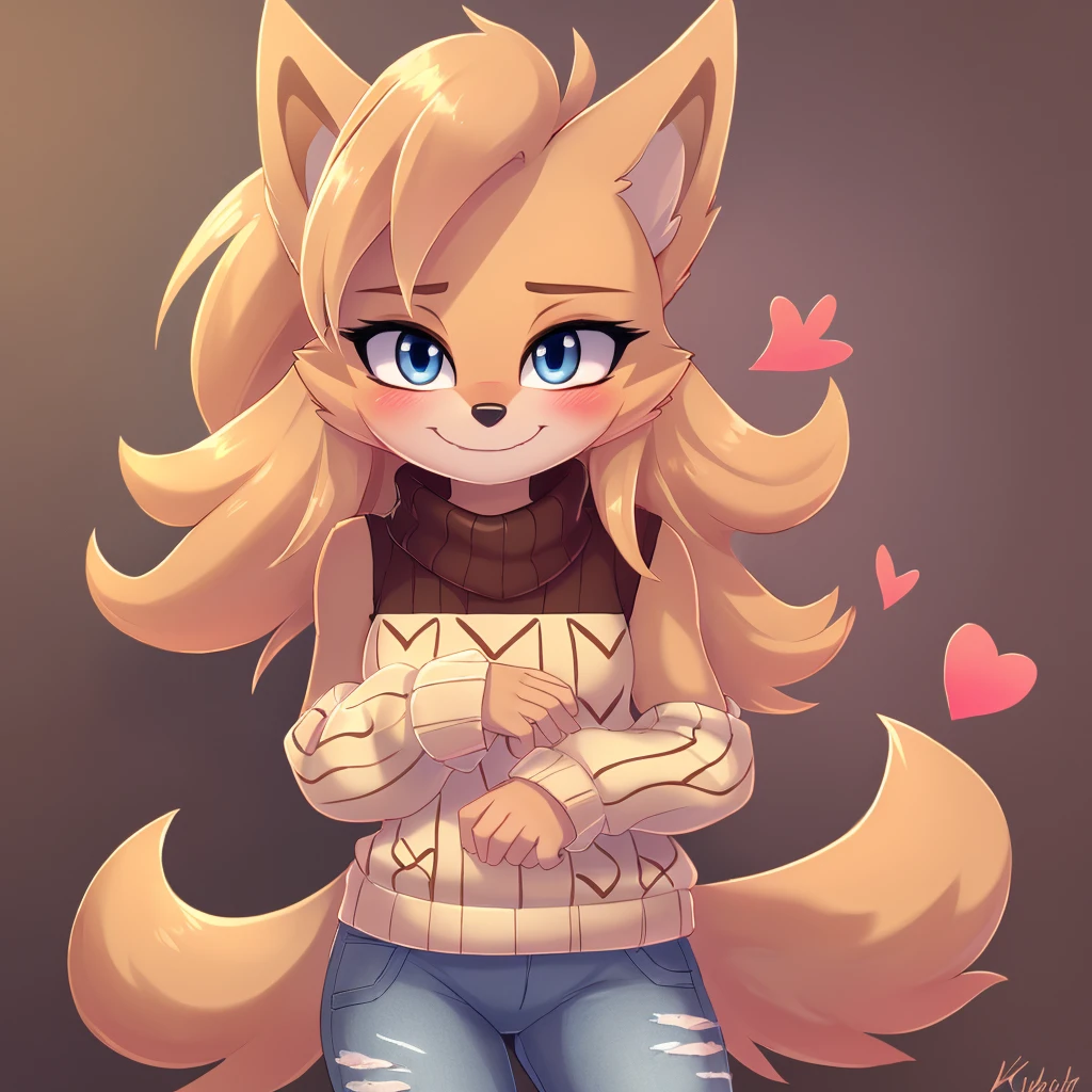 Whisper the wolf, blue eyes, blushing, sweater, ((sleeveless sweater)), jeans, smile, closed mouth, cute, hearts, looking at viewer, outline, Intricate Details, Masterpiece, Best Quality, High Quality, Studio Quality, Best Detail, Perfect Detail, Refine Detail.