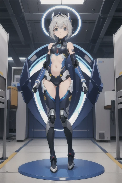 ((1 cyborg woman)),((huge breasts, naked breasts, naked pussy, completely naked, blue clitoral piercing)),((standing, futuristic room)),((serious face)),((with many Bubian hair, with scientist's coat)),((short hair with two short gray ponytails, bright yellow eyes)),((facing the viewer, holding a tablet)),((standing in futuristic room )),