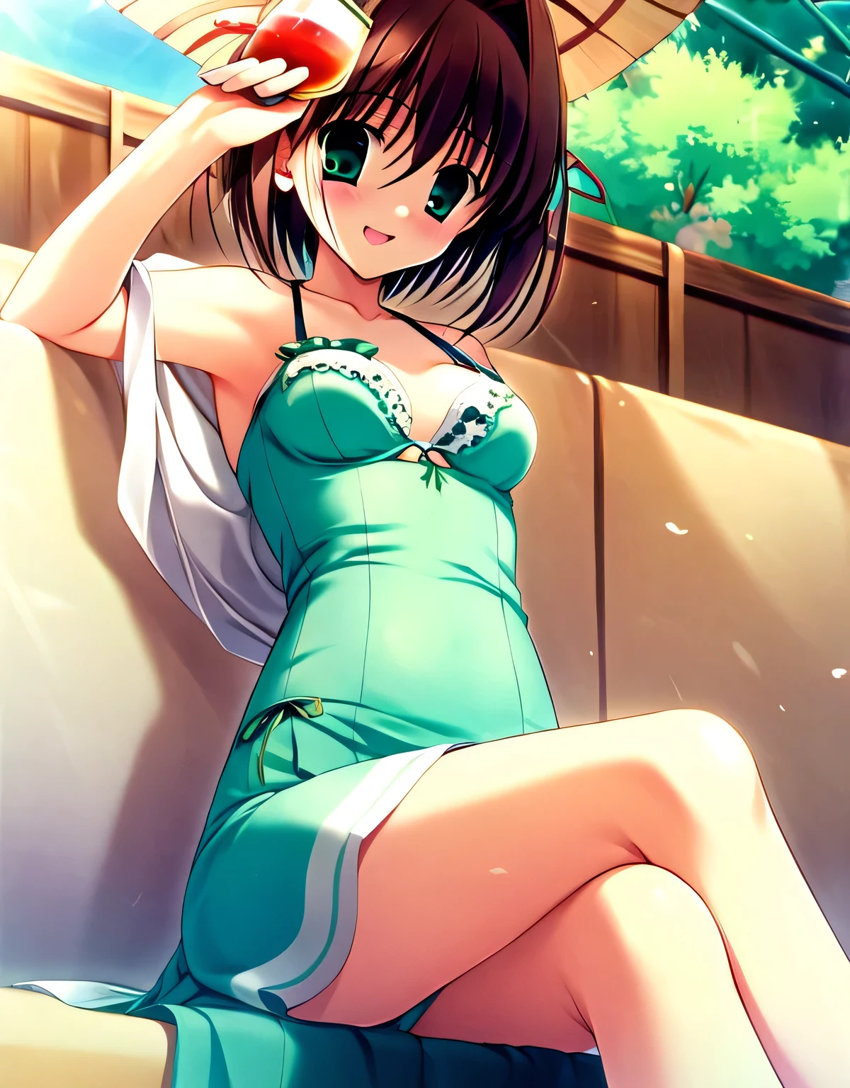 asakura_yume,Brown Hair,Medium Chest,Aqua Eye,White skin,Izakaya,((Sitting)),((Drinking alcohol)),((Bust up shot)),(((((green_Summer Dresses))))),((valley)),No bra,smile,Open your mouth,