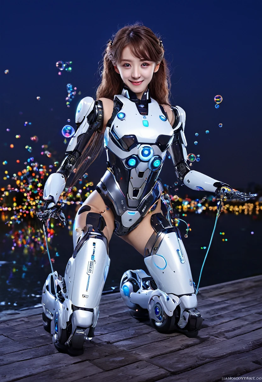 (8K、top-quality、masterpiece:1.2)、(reallistic、Photorealsitic:1.37)、The ultra-detailliert、superrealism、(1 robot girl)、tre anatomically correct、Looking at the camera、All mecha from the neck down、android、cute little、solo、(Redness of the nose)、(A smile:1.15)、beautidful eyes、Big eyes、(long:1.2)、Floating Hair Novafrog Style、Brown hair、Machine body、cables、gear wheel、cyberpunked、kneeking、Countless soap bubbles、early evening、speculum、microchips、electrical cables、illuminations、optic
