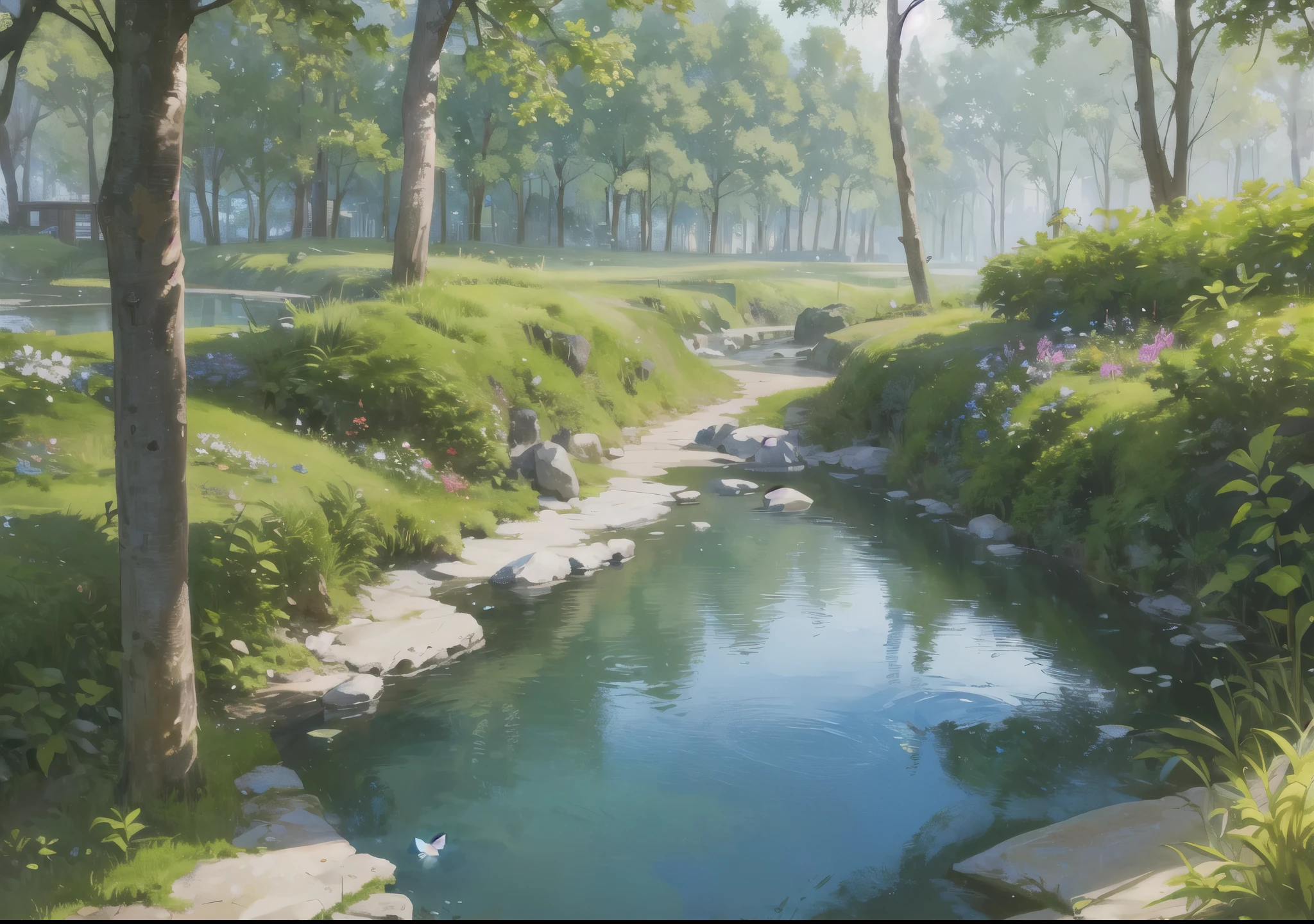 Beautiful forest garden lake.This water is very clear and blue..There are beautiful flowers and plants by the lake..A small stream flows into the lake. Streamstone,butterfly,Beautiful bird.