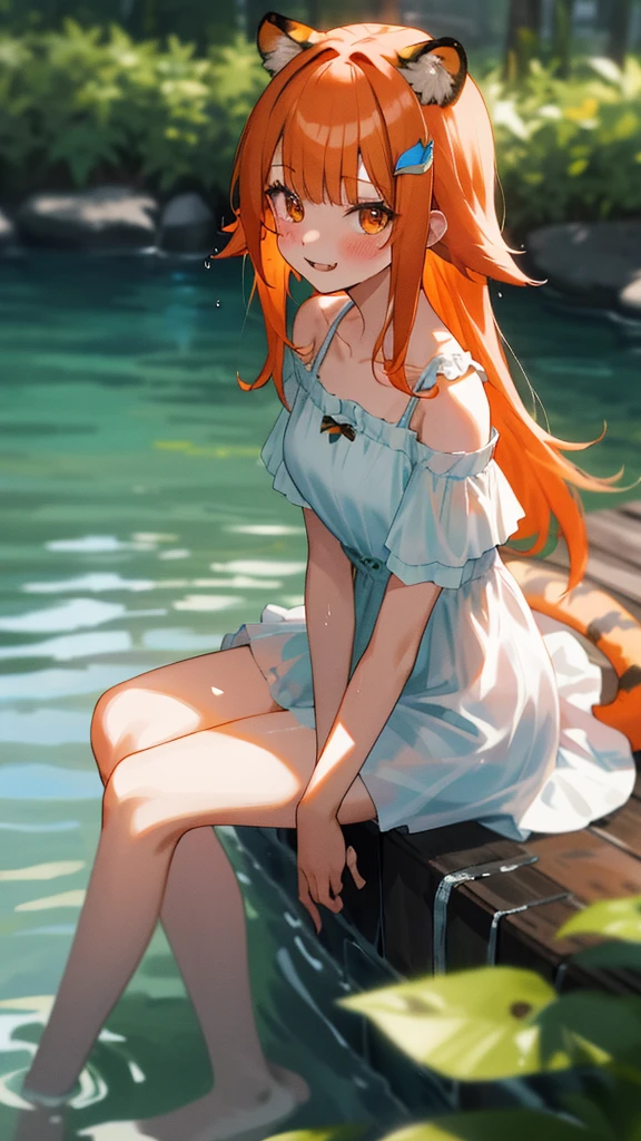 One girl with long hair, bangs, orange hair, tiger eyes , looking at viewer, blushing, little smile, outdoor, wet, sit and soak in the water, sitting, dress, bare shoulders, collarbone, short sleeves, bare legs, mid-chest, day atmosphere, hair ornament, medium breasts, focus, blurry background, ears, tail, cute pointed fangs