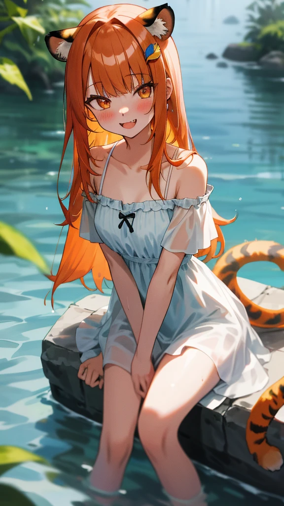 One girl with long hair, bangs, orange hair, tiger eyes , looking at viewer, blushing, little smile, outdoor, wet, sit and soak in the water, sitting, dress, bare shoulders, collarbone, short sleeves, bare legs, mid-chest, day atmosphere, hair ornament, medium breasts, focus, blurry background, ears, tail, cute pointed fangs