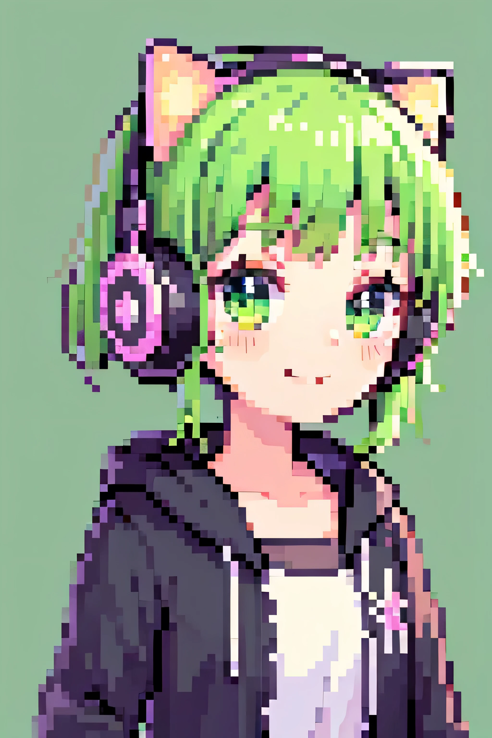 Pixel art, 1girl, cute, portrait, bust up, light smile, Bob with green short hair, cat ears wearing headphones, chibi, whole body,