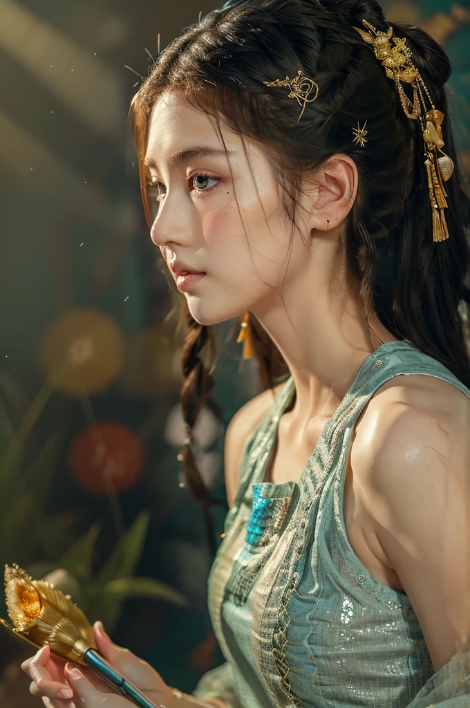 ( masterpiece, top quality, best quality,8k, girl,ultra detailed,raw photo:1.5),(photorealistic:1.4),(cinematic lighting), PerfectNwsjMajic, , Surrealism, UHD, ccurate, Super detail, textured skin, High detail, Best quality, dynamic angle, (high nose,White skin),[Beautiful blue eyes],(1girl),(good anatomy:0.5)), dunhuang_style, Dreamy atmosphere,expressive brush strokes, mystical ambiance, Artistic interpretation, a whimsical illustration, Subtle colors and tones, straight face, cornrow