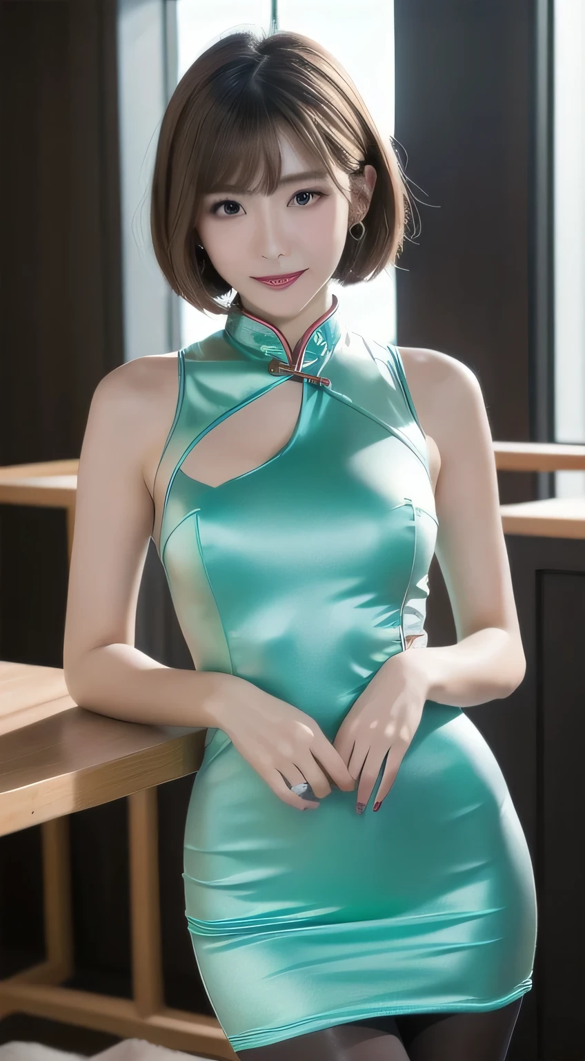 (highest quality, 8k, Tabletop, Ultra HD: 1.3), 1 girl, Under small breasts, Light brown hair, Blunt bangs, Hair behind the ear, Shoulder hair, short hair, Slim figure, Ultra-thin face, Delicate lips, Beautiful Eyes, double eyelid, lipstick,An inviting gaze, Extremely thin hands, Very thin fingers, Collared shirt,Ultra-shiny metallic turquoise satin cheongsam:1.3),(Clothing with highly reflective surfaces:1.3),(Super Gloss Pantyhose:1.2) Beautiful legs ,Chinatown , KPOP idol faces,smile