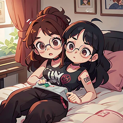 A photo of a two headed 110 pound girl with dark brown hair with a bright red streak on both heads. She is Italian with a large nose. Both of her two heads wear glasses. She is wearing black sweatpants and a black tank top. She wears a black choker with the name Kitty on it. She has tattoos on her arms. She is laying on bed playing PlayStation and reacting to farting loudly. 