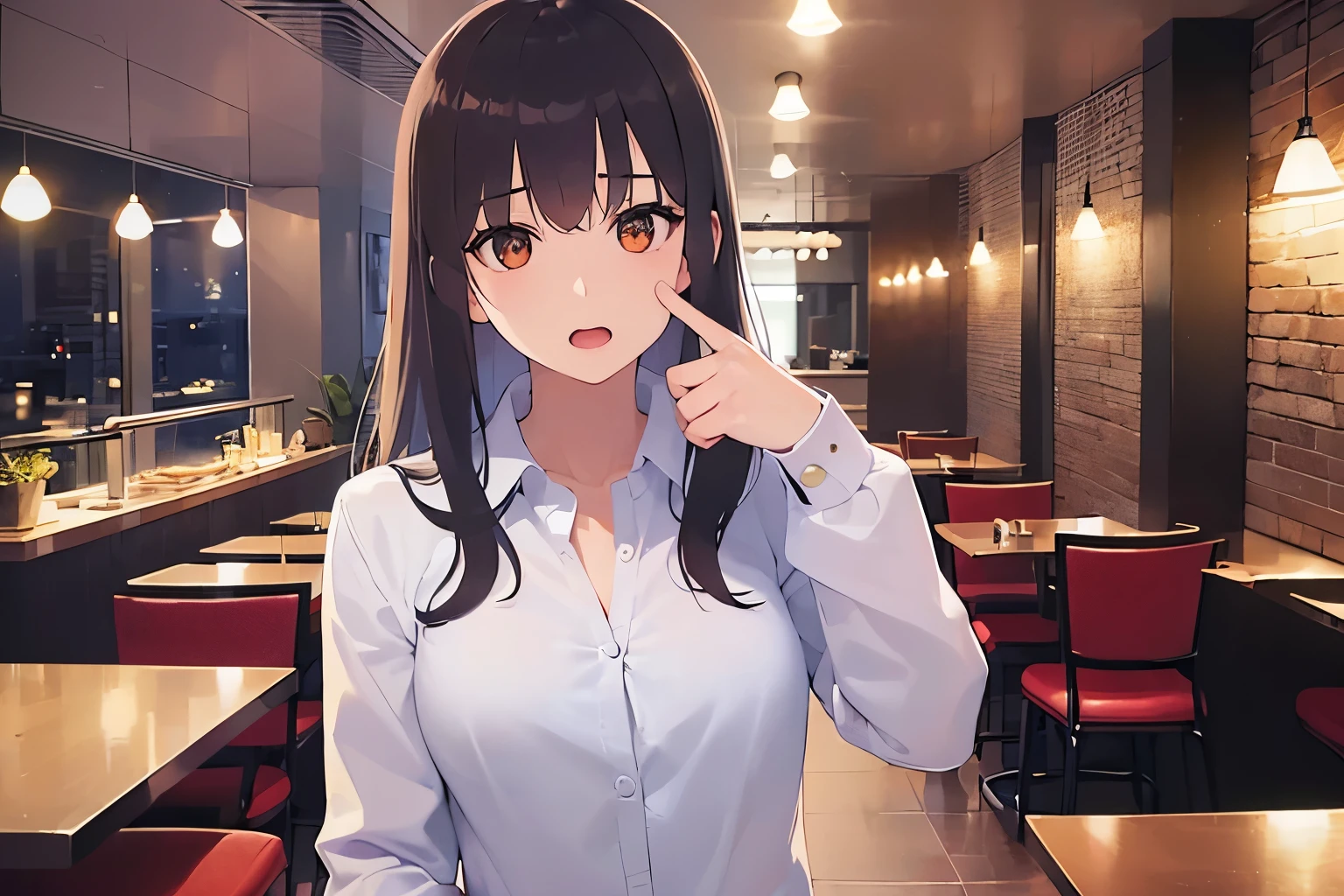 pointing at self、Upper Body, Realistic, real person, (pale skin: 1.2), RAW photo, photorealistic, portrait photography, shiny skin, shiny hair、(A 25-year-old woman with medium-length hair and bangs) and (wavy hair) and (brown hair) and (orange eyes) , (Gray business suit) and (White shirt) 、surprised, open mouth, The background is the interior of a restaurant at night.、Alone、Are standing
