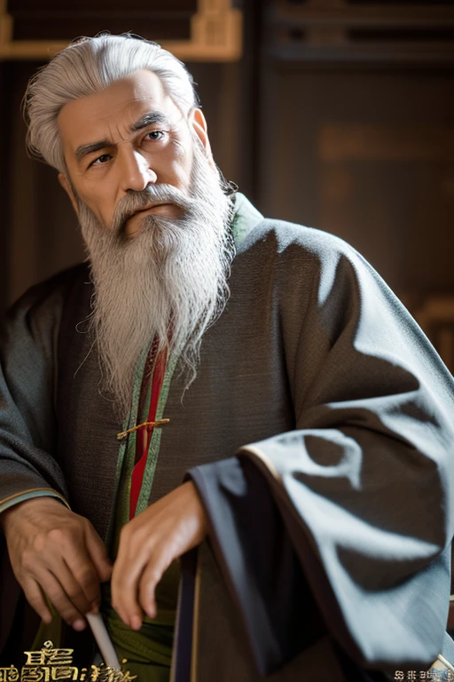 (Wise man, Philosopher, ), (Traditional costumes of ancient China, noble,Robe, Long beard), [good looking],   [calm attitude], [Sensible Expression], (3D Rendering), [Soft lighting],  (highest quality, High resolution), [Subtle brushwork], [Detailed Texture], (Portraiture, Character research)Facing forward、A persuasive gaze、Gray Hair、Double eyelids