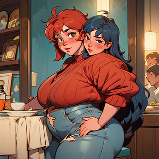a comic page about a two headed 24 year old fat woman adjusting to life with her 40 year old mother as her second head clearly too drunk and shitting their pants as their huge ass takes up two chairs. This occurs as she eats a huge dinner using only her mother’s head in public.