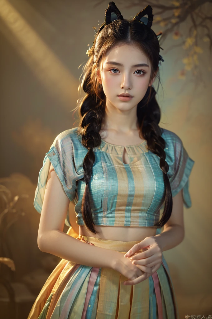 ( masterpiece, top quality, best quality,8k, girl,ultra detailed,raw photo:1.5),(photorealistic:1.4),(cinematic lighting), PerfectNwsjMajic, , Surrealism, UHD, ccurate, Super detail, textured skin, High detail, Best quality, dynamic angle, (high nose,White skin),[Beautiful blue eyes],(1girl),(good anatomy:0.5)), dunhuang_style, Dreamy atmosphere,expressive brush strokes, mystical ambiance, Artistic interpretation, a whimsical illustration, Subtle colors and tones, straight face, braid