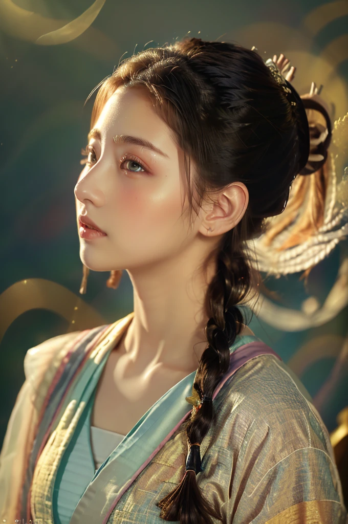 ( masterpiece, top quality, best quality,8k,17 years old girl,ultra detailed,raw photo:1.5),(photorealistic:1.4),(cinematic lighting), PerfectNwsjMajic, , Surrealism, UHD, ccurate, Super detail, textured skin, High detail, Best quality, dynamic angle, (high nose,White skin),[Beautiful blue eyes],(1girl),(good anatomy:0.5)), dunhuang_style, Dreamy atmosphere,expressive brush strokes, mystical ambiance, Artistic interpretation, a whimsical illustration, Subtle colors and tones, straight face, braid