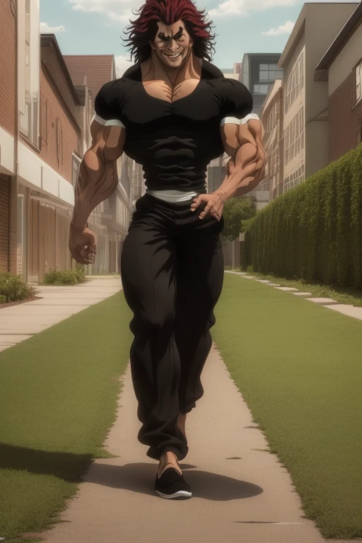 High quality, (Beautiful), ((masterpiece)),vibrant colors, YujiroHanma, 1boy, male focus, solo, black shirt, muscular male, red hair, manly, black pants, black slippers, veins, pupils, brown eyes,smile,(((full body))),looking at viewer, grassy field,
