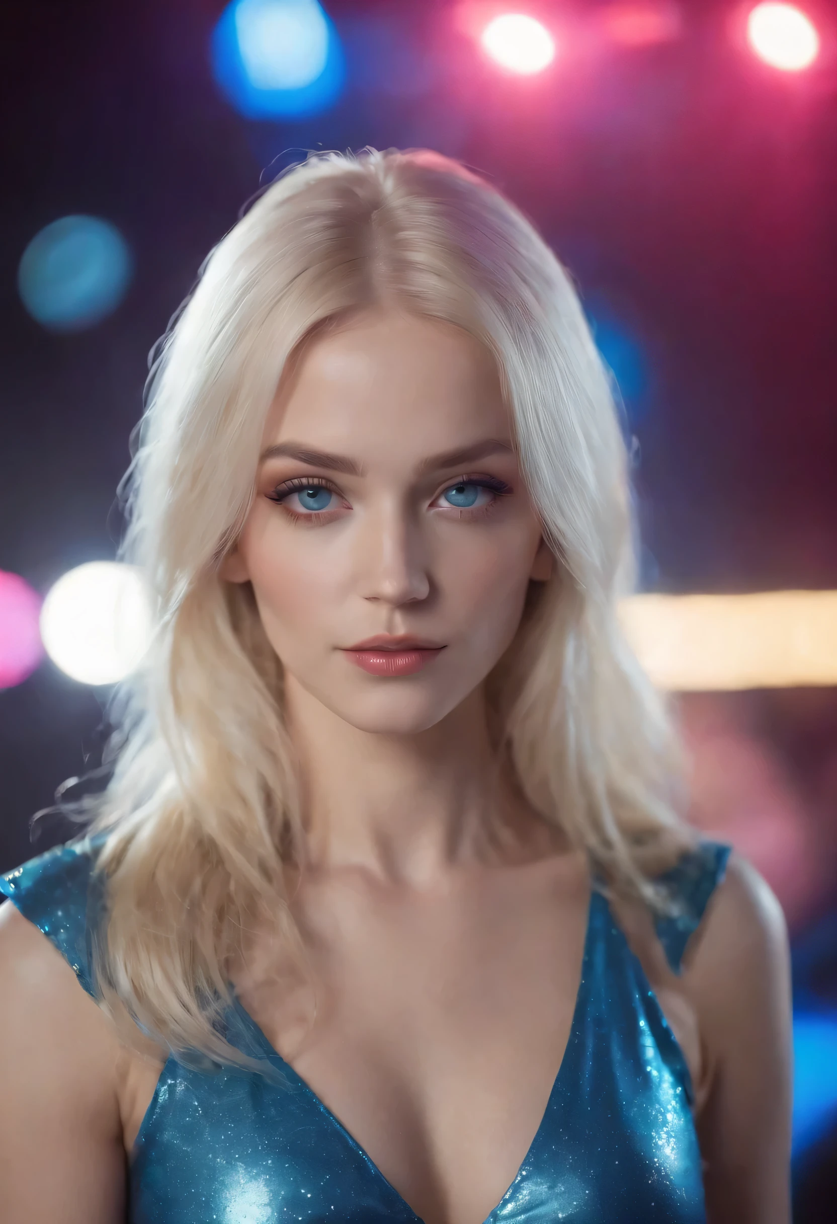 frau, Realistischer Charakter，frisiertes blondes Haar, blaue Augen, Anime big, allein, modern, Cyberpunk, in der disco