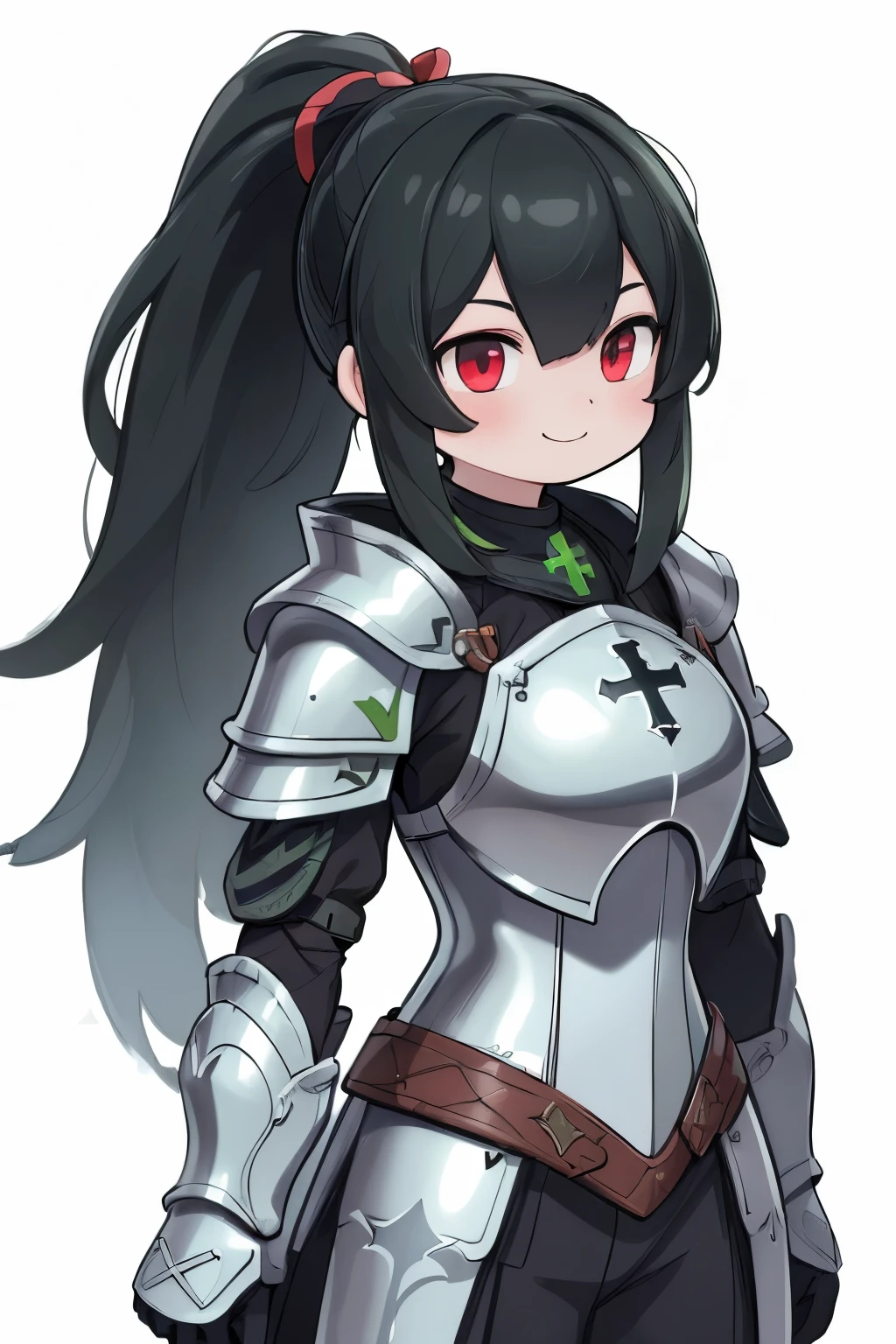 (best quality,ultra-detailed,realistic:1.37),Green background　knight　Warrior　Girl　Ponytail Lively　smile　Black Hair　Vermilion armor　(((cross)))