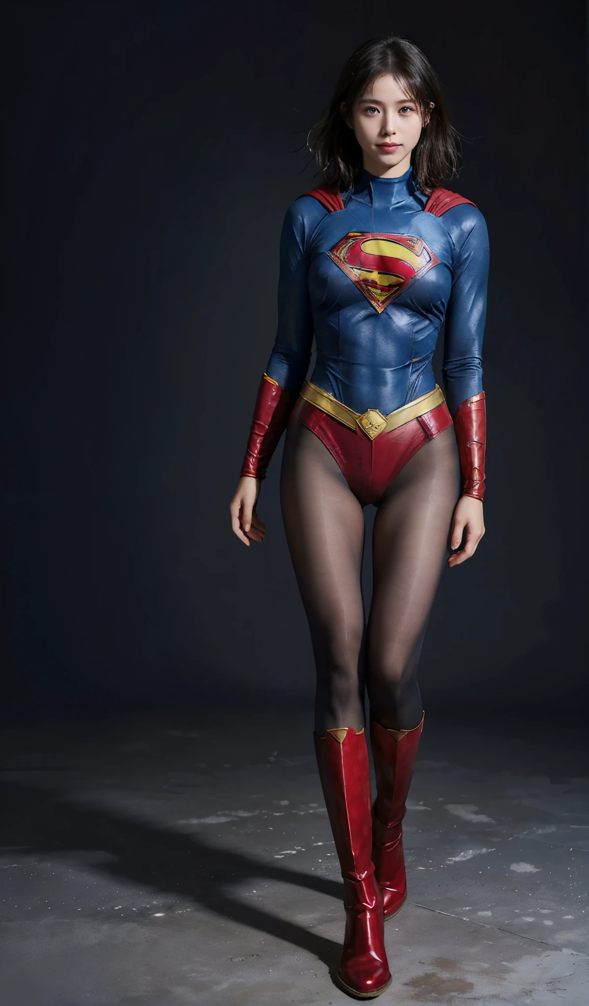 No background、(((Beautiful legs in black tights.)))、(((Legally express the beauty of your smile)))、((((Make the most of your original images)))、(((Supergirl Costume)))、(((Beautiful short bob hair)))、(((suffering)))、(((Please wear black tights....、Wear red boots)))、((Best image quality、8k))、((highest quality、8k、masterpiece:1.3))、(((Preserve background )))、Sharp focus:1.2、Beautiful woman with perfect figure:1.4、Slim Abs:1.2、Wet body:1.5、Highly detailed face and skin texture、8k