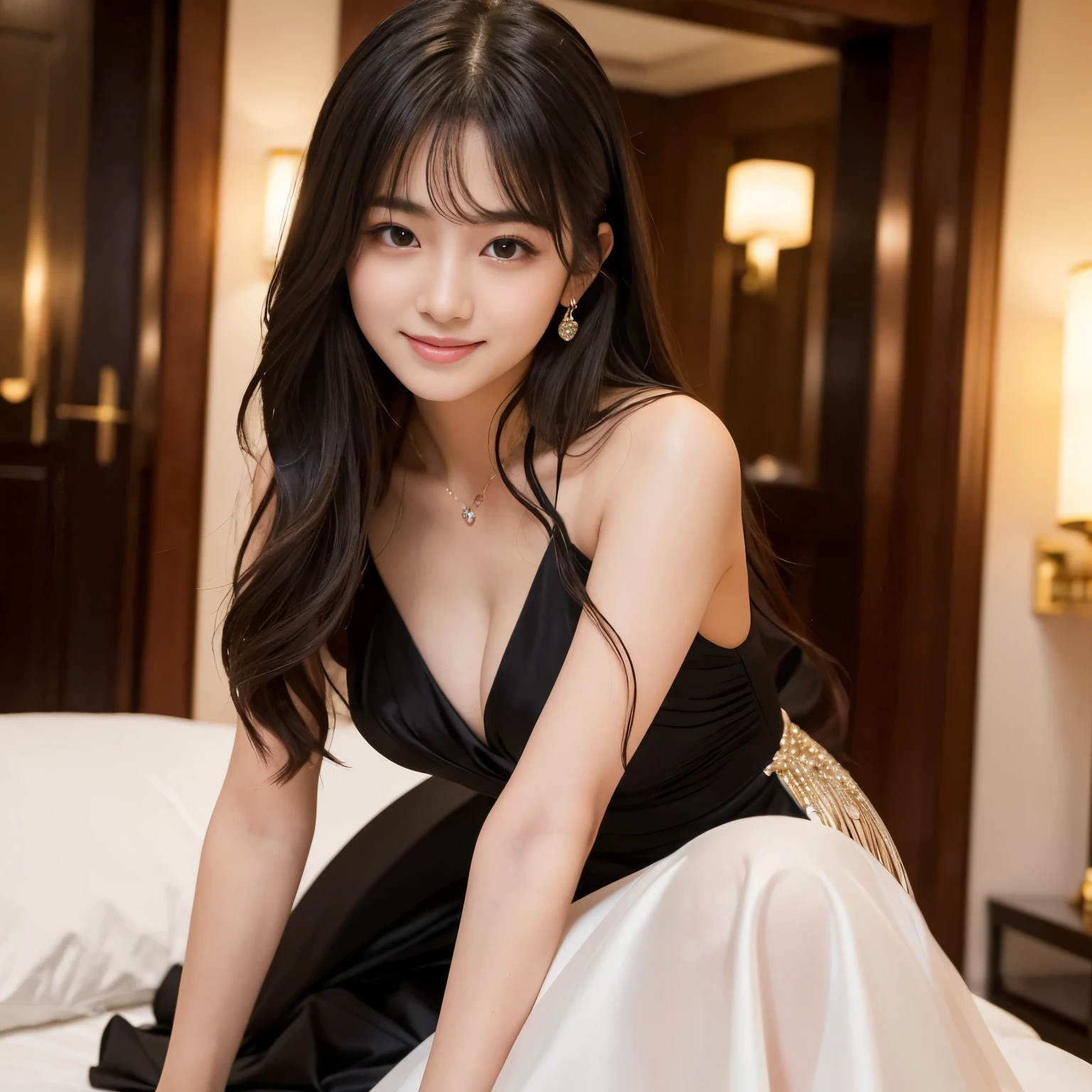 Best-quality, Masterpiece, Ultra-High-Resolution, (Photorealistic:1.4), Raw-Photo, 1girl, 18-years-old, the most famous Japanese idol, at luxury-hotel-suits, dynamic-pose, (((wearing honly gorgeous evening-dress))), ((extremely cute face like the most popular Japanese idol, ((extremely cute and extremely big black-eyes)), extremely beautiful hair, extremely cute lips, extremely beautiful skins)), innocent-smile, detailed luxury-hotel-suits, detailed gorgeous-evening-dress