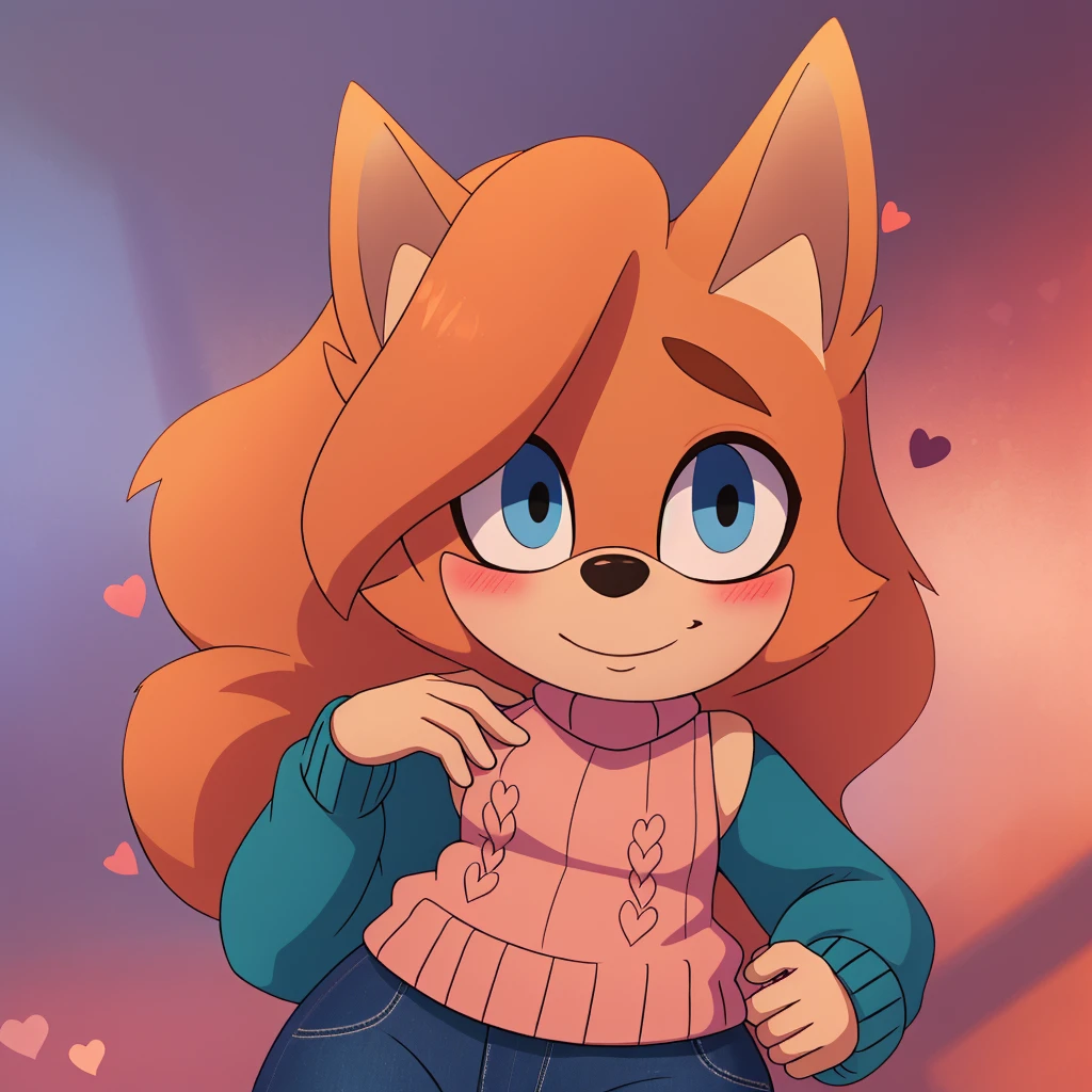 Whisper the wolf, blue eyes, blushing, sweater, ((sleeveless sweater)), jeans, smile, closed mouth, cute, hearts, looking at viewer, outline, Intricate Details, Masterpiece, Best Quality, High Quality, Studio Quality, Best Detail, Perfect Detail, Refine Detail.