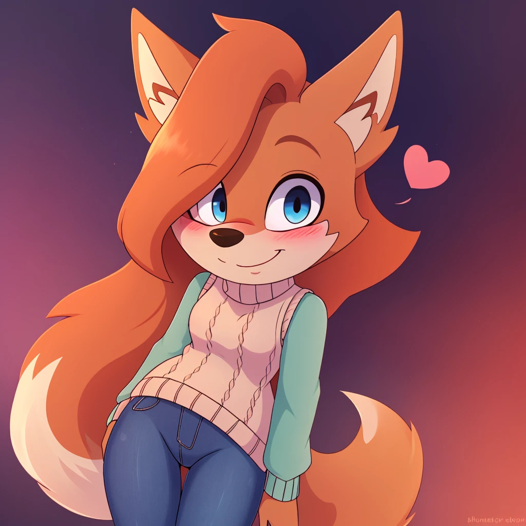Whisper the wolf, blue eyes, blushing, sweater, ((sleeveless sweater)), jeans, smile, closed mouth, cute, hearts, looking at viewer, outline, Intricate Details, Masterpiece, Best Quality, High Quality, Studio Quality, Best Detail, Perfect Detail, Refine Detail.