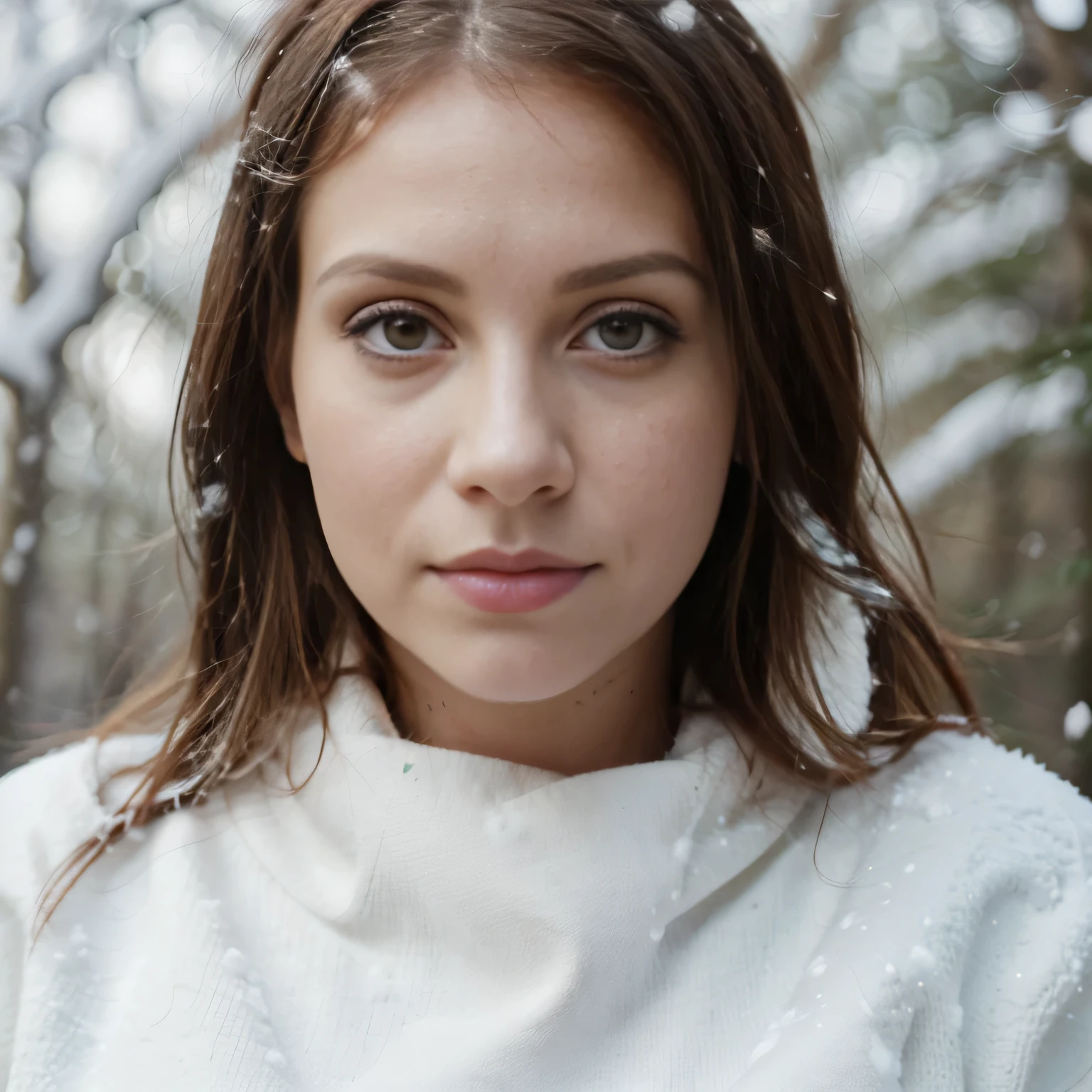 Masterpiece, close up headshot, , hayley williams ((outside in a winter forest)), ((heavy snow)), photorealism, photorealistic, wearing a sweater and skinny jeans, makeup, long straight hair, pale skin, fair skin, white skin, 
she is looking at viewer, skin texture, ultra high res, RAW, instagram LUT, masterpiece, best quality, ultra-detailed, ultra high resolution, RAW, 4k, (looking at viewer), extremely detailed eyes and face, ((beautiful detailed nose)), ((beautiful detailed thigh)), ((beautiful detailed eyes)), perfect body proportion,  (looking at the camera), 