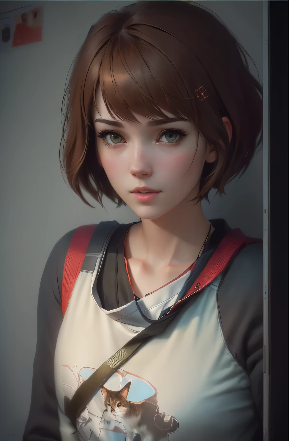 a close up of a person with a cat on a shirt, portrait of max caulfield, life is strange, female protagonist 👀 :8, max caufield from life is strange, realistic artstyle, female protagonist, realistic anime 3 d style, artwork in the style of guweiz, digital art ilya kuvshinov, photorealistic anime girl render, best quality, 8k
