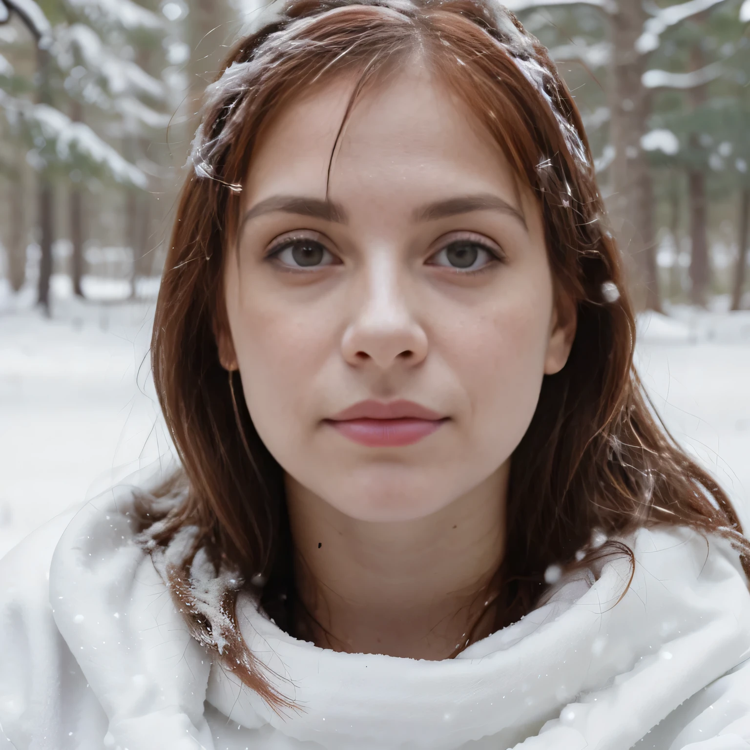 Masterpiece, close up headshot, , hayley williams ((outside in a winter forest)), ((heavy snow)), photorealism, photorealistic, wearing a sweater and skinny jeans, makeup, long straight hair, pale skin, fair skin, white skin, 
she is looking at viewer, skin texture, ultra high res, RAW, instagram LUT, masterpiece, best quality, ultra-detailed, ultra high resolution, RAW, 4k, (looking at viewer), extremely detailed eyes and face, ((beautiful detailed nose)), ((beautiful detailed thigh)), ((beautiful detailed eyes)), perfect body proportion,  (looking at the camera), 