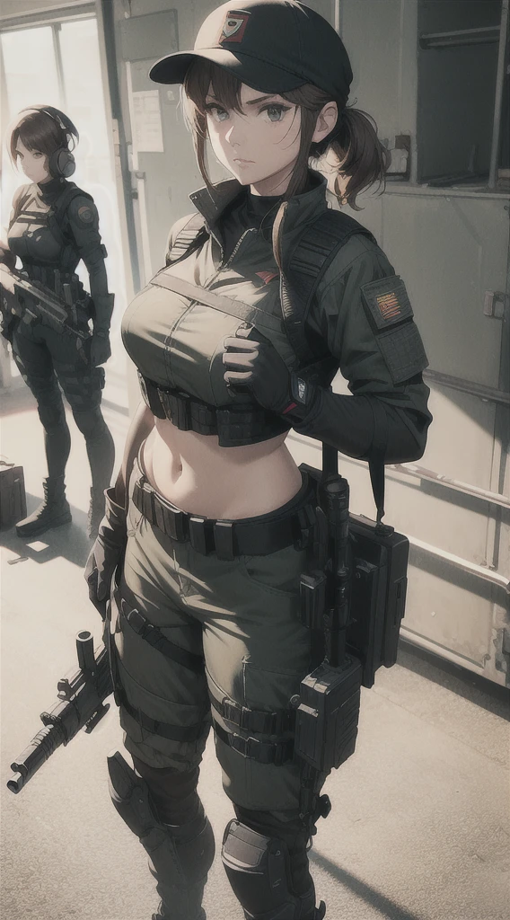 a woman in a black outfit holding a rifle and wearing headphones, 38-year-old woman, soldier girl, mechanized soldier girl, military girl, beautiful female soldier, female lead character, infantry girl, of a sniper girl in war, solo female character, future combat gear, close up half body shot, Women in crop top military bulletproof vest, showing navel, quiet from metal gear solid v, wearing tactical gear, dressed in tactical armor