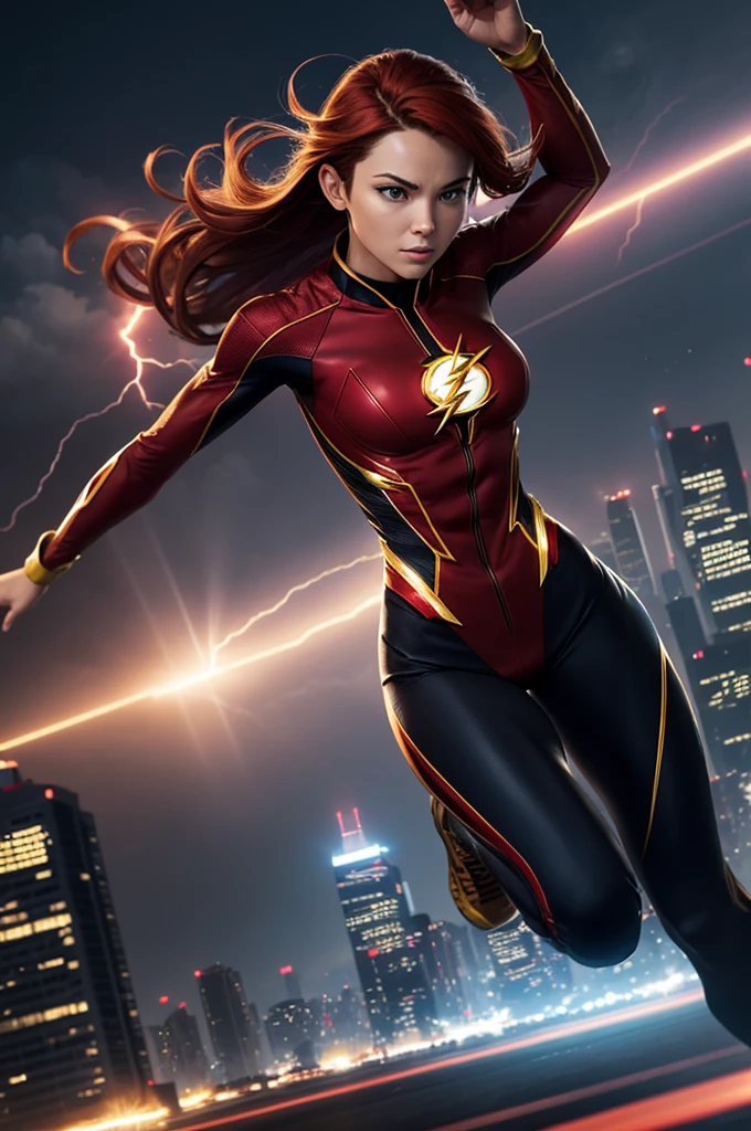 In an urban cityscape, a female version of Barry Allen, The Flash, stands ready to sprint::10. She has fiery red hair::7 resembling a streak of lightning, her muscled yet elegant physique is clad in a high-tech red and gold suit, showcasing her dynamic beauty. The suit is streamlined::7 and aerodynamic, designed for super speed, its emblem - a golden lightning bolt overlaying a circular white field, radiates power and speed::10. She gazes ahead with determination in her eyes, her muscular lower body positioned for a lightning-quick takeoff::9. The city behind presents a contrasting static scene::6, with towering skyscrapers, a sunset painted sky, and busy roads far below. The viewer can almost sense the anticipation before the rush, the dramatic tension hanging in the static air before being shattered by a sonic boom::10. The shot should be taken with Canon EOS-1D X Mark III, at a wider aperture (f/2), to highlight the Flash and present a shallow depth of field, providing dynamic contrast with the background cityscape. The Key-lighting should be used to convey a sense of optimism and modernity