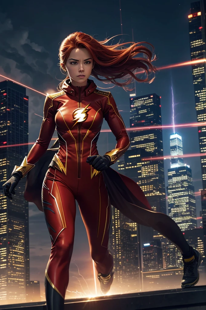In an urban cityscape, a female version of Barry Allen, The Flash, stands ready to sprint::10. She has fiery red hair::7 resembling a streak of lightning, her muscled yet elegant physique is clad in a high-tech red and gold suit, showcasing her dynamic beauty. The suit is streamlined::7 and aerodynamic, designed for super speed, its emblem - a golden lightning bolt overlaying a circular white field, radiates power and speed::10. She gazes ahead with determination in her eyes, her muscular lower body positioned for a lightning-quick takeoff::9. The city behind presents a contrasting static scene::6, with towering skyscrapers, a sunset painted sky, and busy roads far below. The viewer can almost sense the anticipation before the rush, the dramatic tension hanging in the static air before being shattered by a sonic boom::10. The shot should be taken with Canon EOS-1D X Mark III, at a wider aperture (f/2), to highlight the Flash and present a shallow depth of field, providing dynamic contrast with the background cityscape. The Key-lighting should be used to convey a sense of optimism and modernity