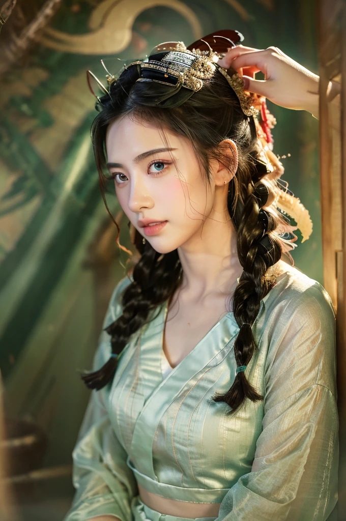 ( masterpiece, top quality, best quality,8k,17 years old girl,ultra detailed,raw photo:1.5),(photorealistic:1.4),(cinematic lighting), PerfectNwsjMajic, , Surrealism, UHD, ccurate, Super detail, textured skin, High detail, Best quality, dynamic angle, (high nose,White skin),[Beautiful blue eyes],(1girl),(good anatomy:0.5)), dunhuang_style, Dreamy atmosphere,expressive brush strokes, mystical ambiance, Artistic interpretation, a whimsical illustration, Subtle colors and tones, straight face, braid