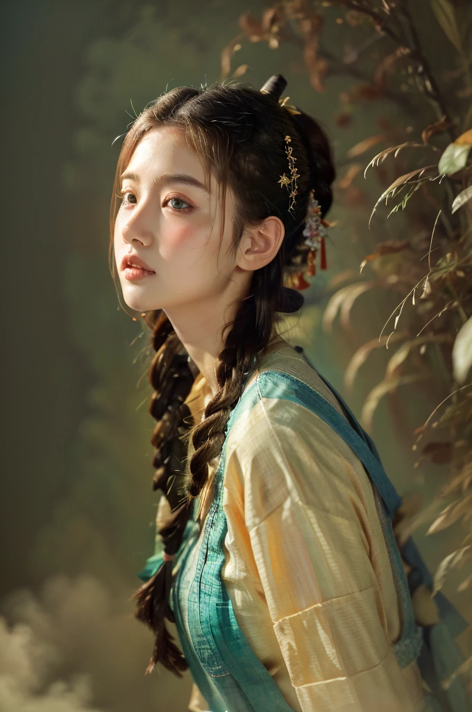 ( masterpiece, top quality, best quality,8k,17 years old girl,ultra detailed,raw photo:1.5),(photorealistic:1.4),(cinematic lighting), PerfectNwsjMajic, , Surrealism, UHD, ccurate, Super detail, textured skin, High detail, Best quality, dynamic angle, (high nose,White skin),[Beautiful blue eyes],(1girl),(good anatomy:0.5)), dunhuang_style, Dreamy atmosphere,expressive brush strokes, mystical ambiance, Artistic interpretation, a whimsical illustration, Subtle colors and tones, straight face, braid