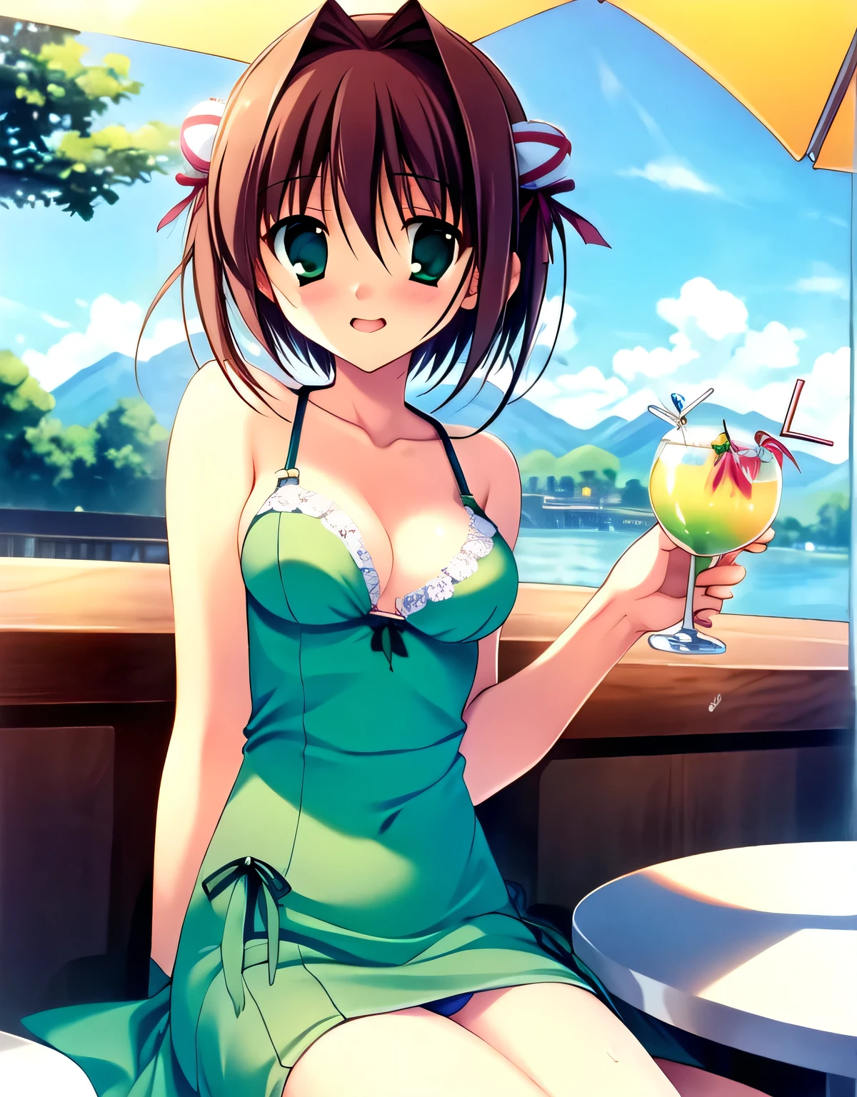 asakura_yume,Brown Hair,Medium Chest,Aqua Eye,White skin,(((Inside the bar))),((Sitting)),((Drinking alcoholic cocktails)),((Bust up shot)),(((((green_Summer Dresses))))),((valley)),No bra,smile,Open your mouth,