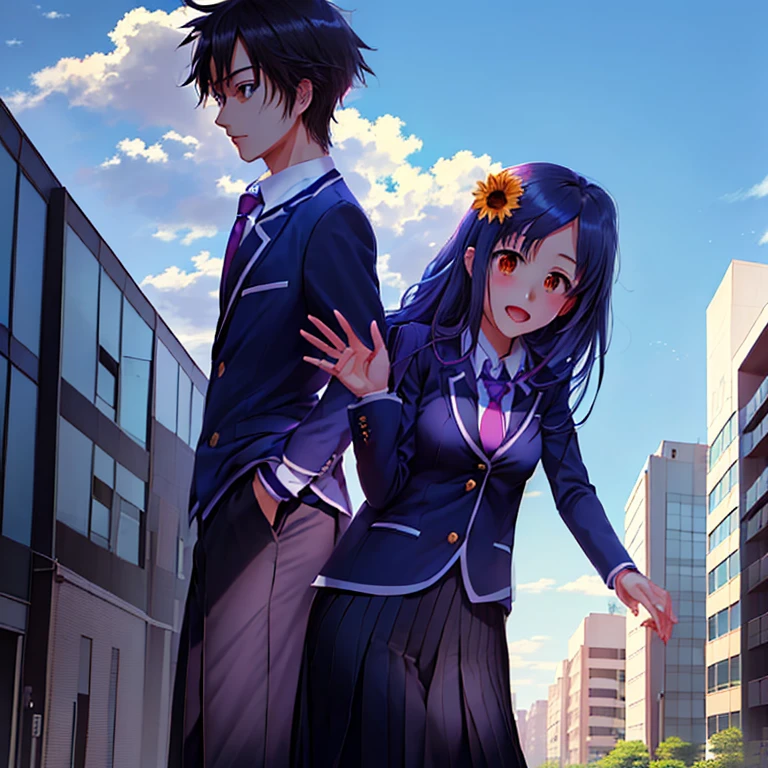 a cartoon of a couple of people who wear dark blue blazer school, dark blue ties, and gray pants or skirts,  standing next to each other, add some buildings school as a background, the girl wear accesories sunflower in top up her hair, yuyushiki, in anime style, :14 80s anime style, koyoharu gotouge, shuushuu anime image, style anime, in style of kyoto animation, high quality fanart, in japanese anime style, in an anime style, sankakucomplex anime image