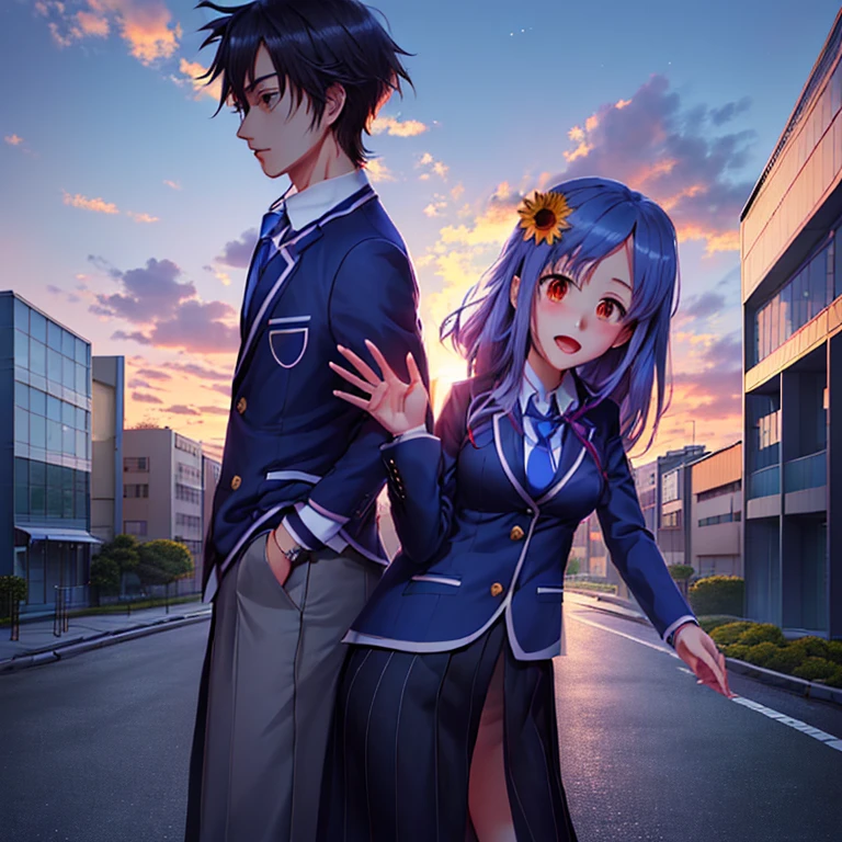 a cartoon of a couple of people who wear dark blue blazer school, dark blue ties, and gray pants or skirts,  standing next to each other, add some buildings school as a background, the girl wear accesories sunflower in top up her hair, yuyushiki, in anime style, :14 80s anime style, koyoharu gotouge, shuushuu anime image, style anime, in style of kyoto animation, high quality fanart, in japanese anime style, in an anime style, sankakucomplex anime image