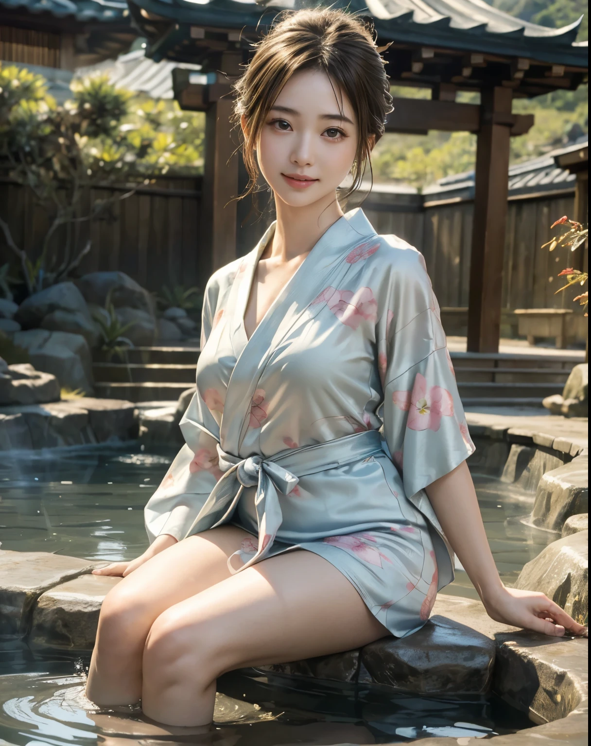 masterpiece, highest quality, Realistic, 1 girl, Open-air hot spring, Yukata figure, I&#39;My yukata got wet and became transparent., Wear a yukata and enter the hot springs, Back view, Yukata soaked wet, woman wearing yukata, Beautiful long hair, Big Ass, , Realistic美しいlegs, private&#39;Iの胸は大きいです, Sit with your legs wide apart, barefoot, Protruding nipples, My whole body was covered in foam., A well-trained body, Abdominal muscles, Professional Lighting, Glowing Skin, Full body photo including legs