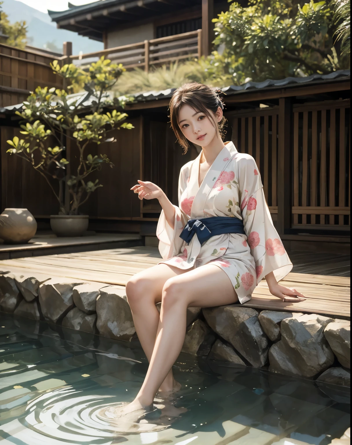 masterpiece, highest quality, Realistic, 1 girl, Open-air hot spring, Yukata figure, I&#39;My yukata got wet and became transparent., Wear a yukata and enter the hot springs, Back view, Yukata soaked wet, woman wearing yukata, Beautiful long hair, Big Ass, , Realistic美しいlegs, private&#39;Iの胸は大きいです, Sit with your legs wide apart, barefoot, Protruding nipples, My whole body was covered in foam., A well-trained body, Abdominal muscles, Professional Lighting, Glowing Skin, Full body photo including legs