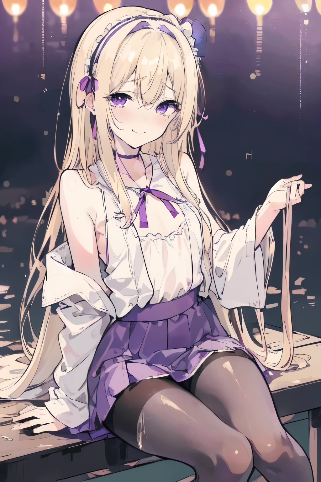 blonde hair, hair over shoulder, long hair, wet hair, ribbon, ****ta hairband, mole under eye, happy tears, purple eyes, smile, shy, SFW, no sleeves, opened chest area, Open clothes, panties_down_pantyhose, Sitting , Opening legs , 8k, super detail