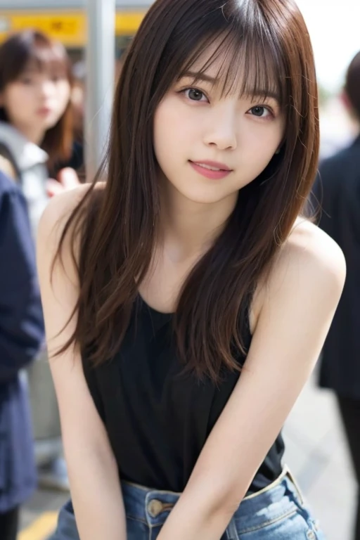 (8k、Raw photo、highest quality、masterpiece:1.2)、(Hentai Realism、Photorealistic:1.37)、Super detailed、超A high resolution、1 girl、Seeing the viewer、Beautifully detailed face、Laughter、shrink、(Narrow waist) :1.3)、Shortcuts、Beautifully detailed skin、Skin Texture、Floating Hair、Professional Lighting、Waiting for the train on the platform、Black framed square mirror 、Full Body Lesbian、Brown Hair