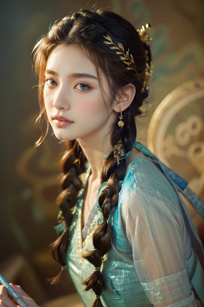 ( masterpiece, top quality, best quality,8k,17 years old girl,ultra detailed,raw photo:1.5),(photorealistic:1.4),(cinematic lighting), PerfectNwsjMajic, , Surrealism, UHD, ccurate, Super detail, textured skin, High detail, Best quality, dynamic angle, (high nose,White skin),[Beautiful blue eyes],(1girl),(good anatomy:0.5)), dunhuang_style, Dreamy atmosphere,expressive brush strokes, mystical ambiance, Artistic interpretation, a whimsical illustration, Subtle colors and tones, straight face, fish-bone braid hair