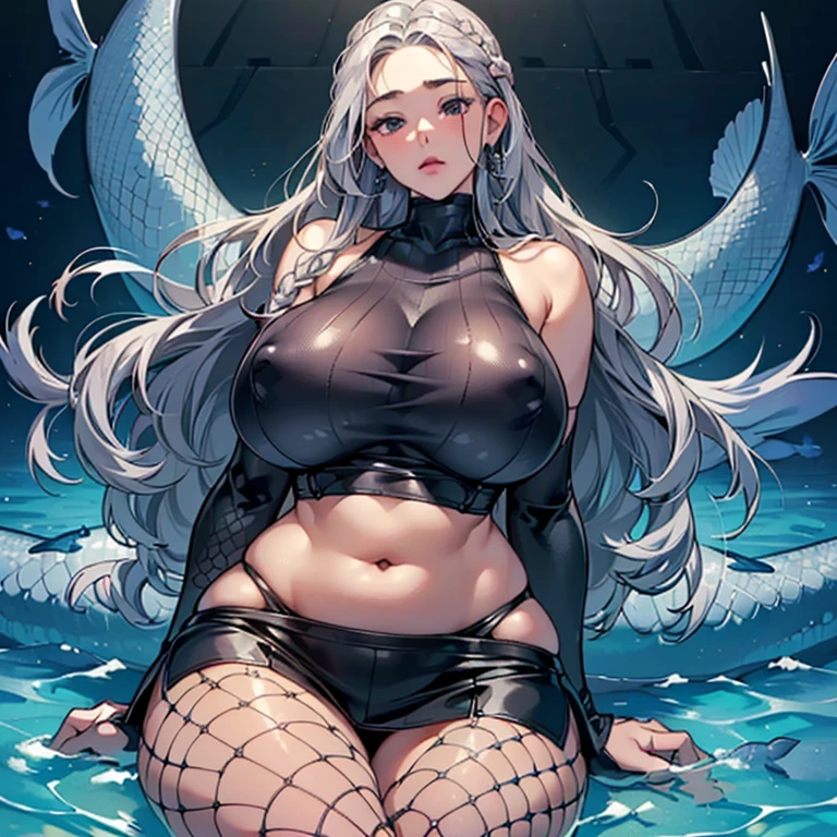 (High resolution)),((Game CG)),(masterpiece),(highest quality), (Very detailed),shape,((Very delicate and beautiful)), , Very embarrassed look,Looking at the audience,(((18-year-old female)),((whole body)),Detailed face and eyes,Jewel-like eyes,(Loosely braided long hair),,,(Super huge breasts,Long and slightly saggy breasts,Very large nipples) Silver hair and black eyes Plump body Rubber suit, mini skirt, fishnet stockings, fishnet chest, belly button exposed