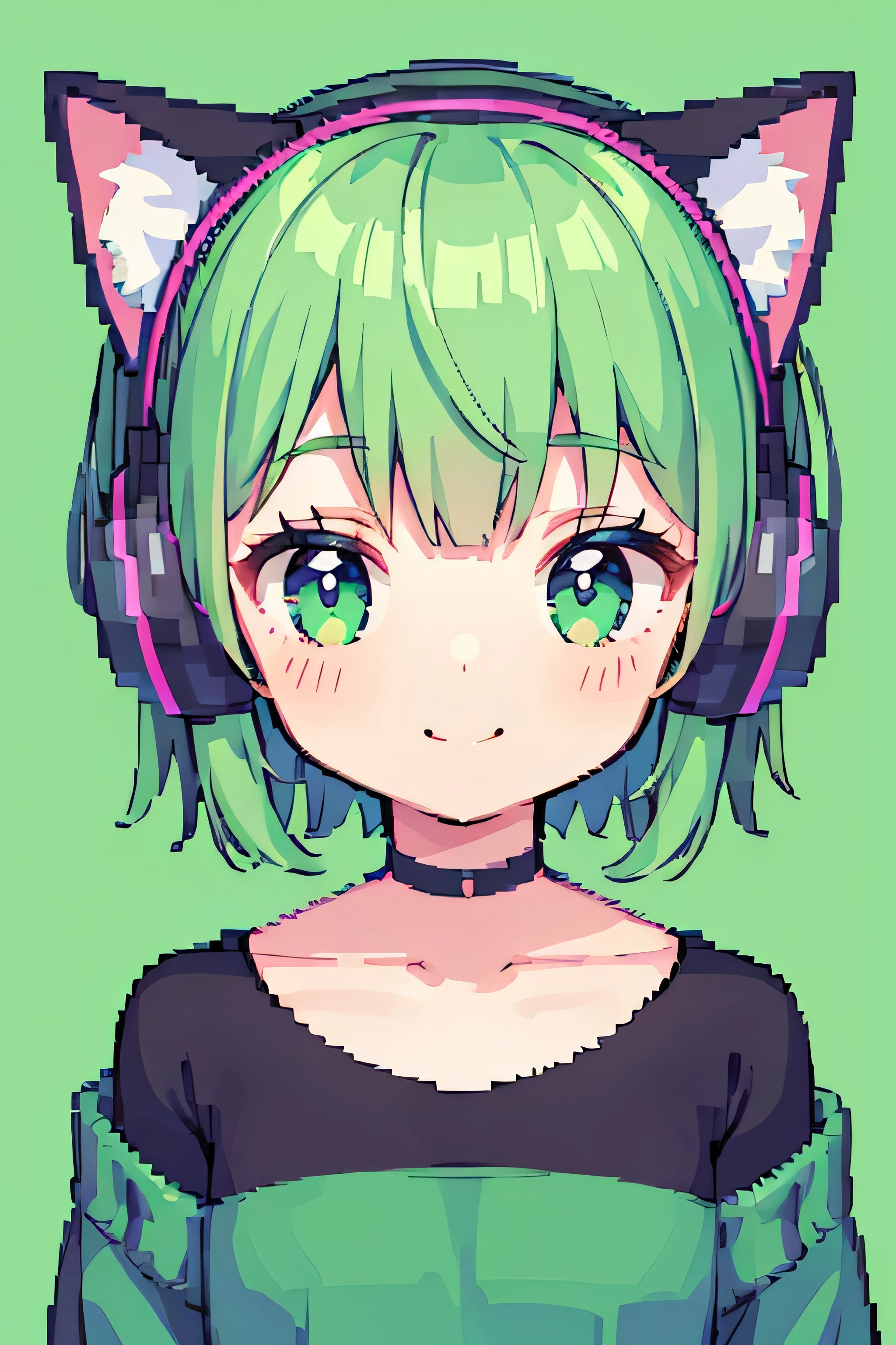 Pixel art, 1girl, cute, portrait, bust up, light smile, Bob with green short hair, cat ears wearing headphones, chibi, whole body,